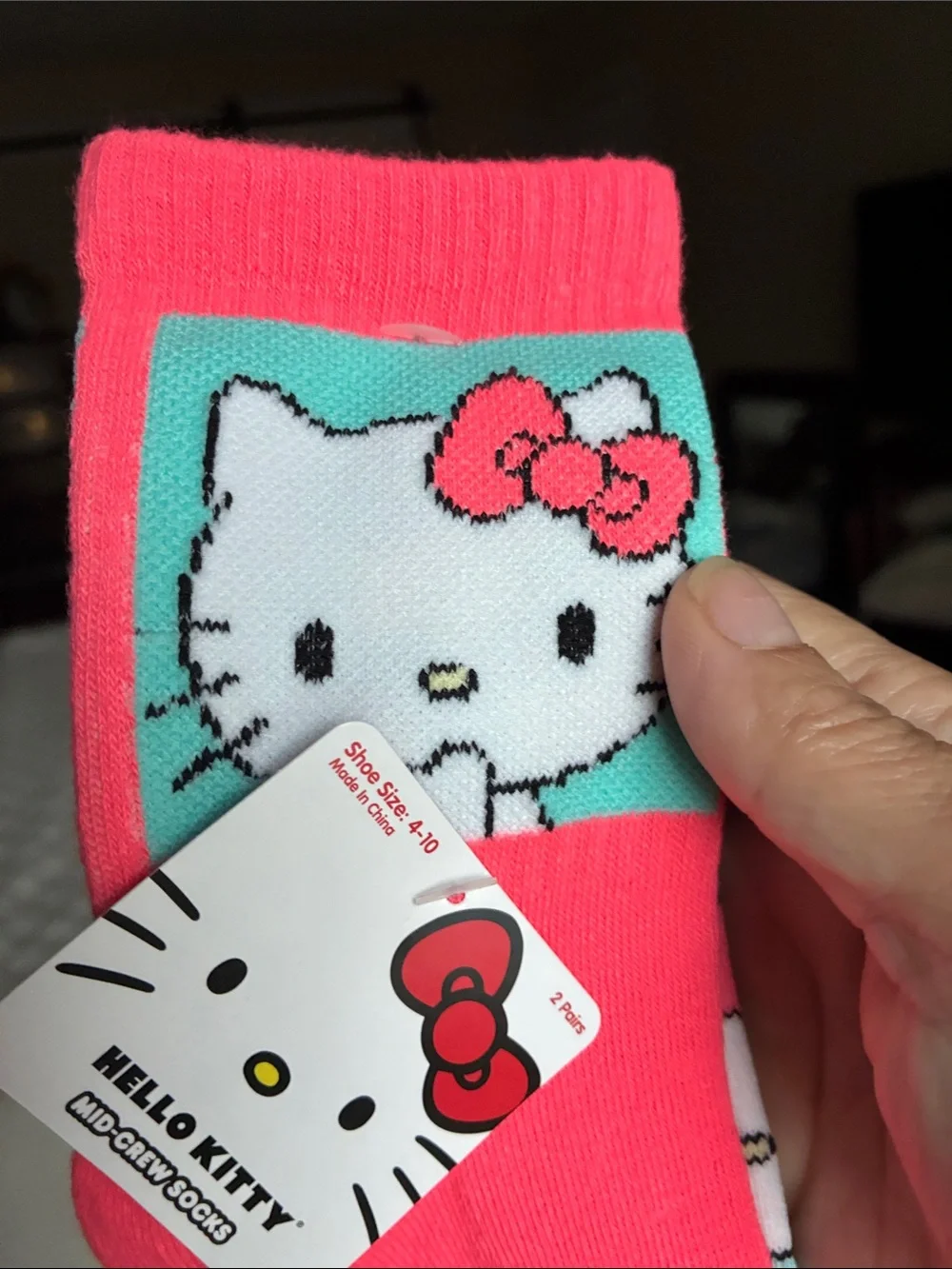 BTC Hello Kitty Pink/Coral and Teal Women’s Mid Crew Socks, 2 Pack, Sz 4-10 NEW